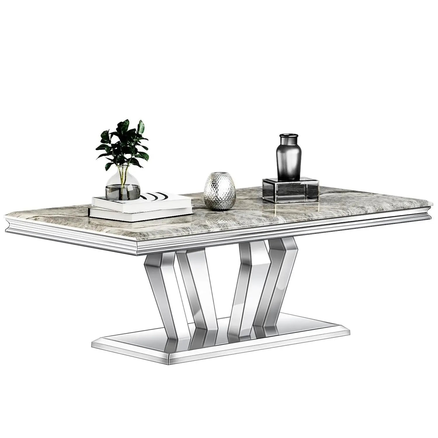 

Silver Rectangle Coffee Table Mirrored Geometric Base Living Room 48in Gray Luxury Customized