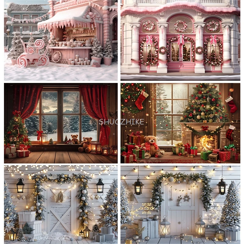 

Christmas Tree With Gift Boxes Photography Backdrops Winter Snow Decorations Wooden Door Fireplace Room Background Props WR-20