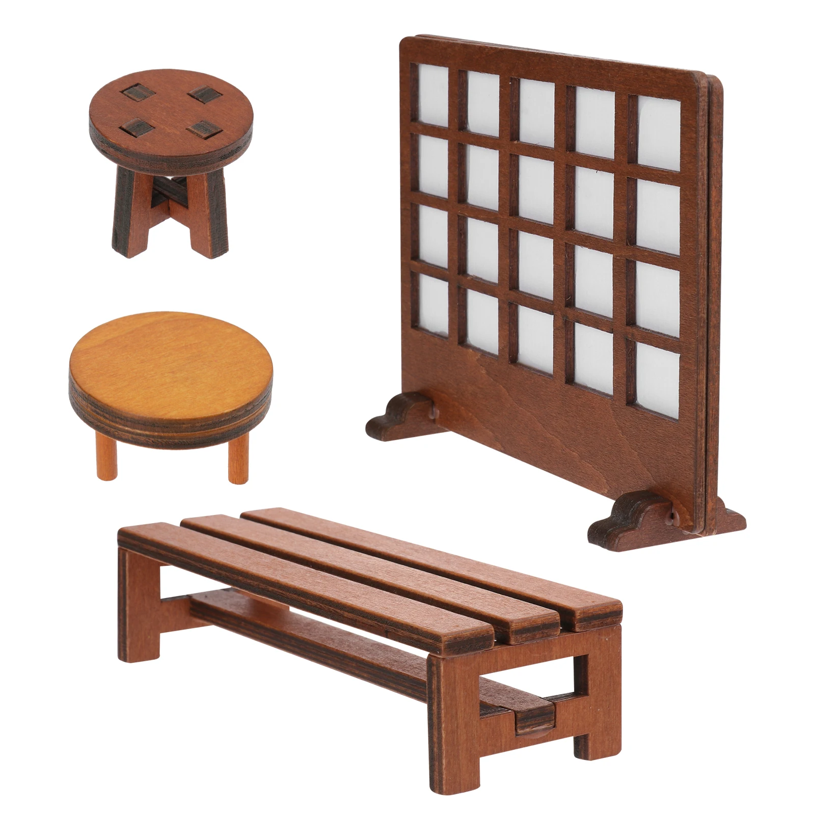 4 szt. Drewniany Zestaw Stołków Ekranowych Miniaturowe Meble Dom Ozdoba Stołek Model Ławeczka Rekwizyt Fotograficzny Retro