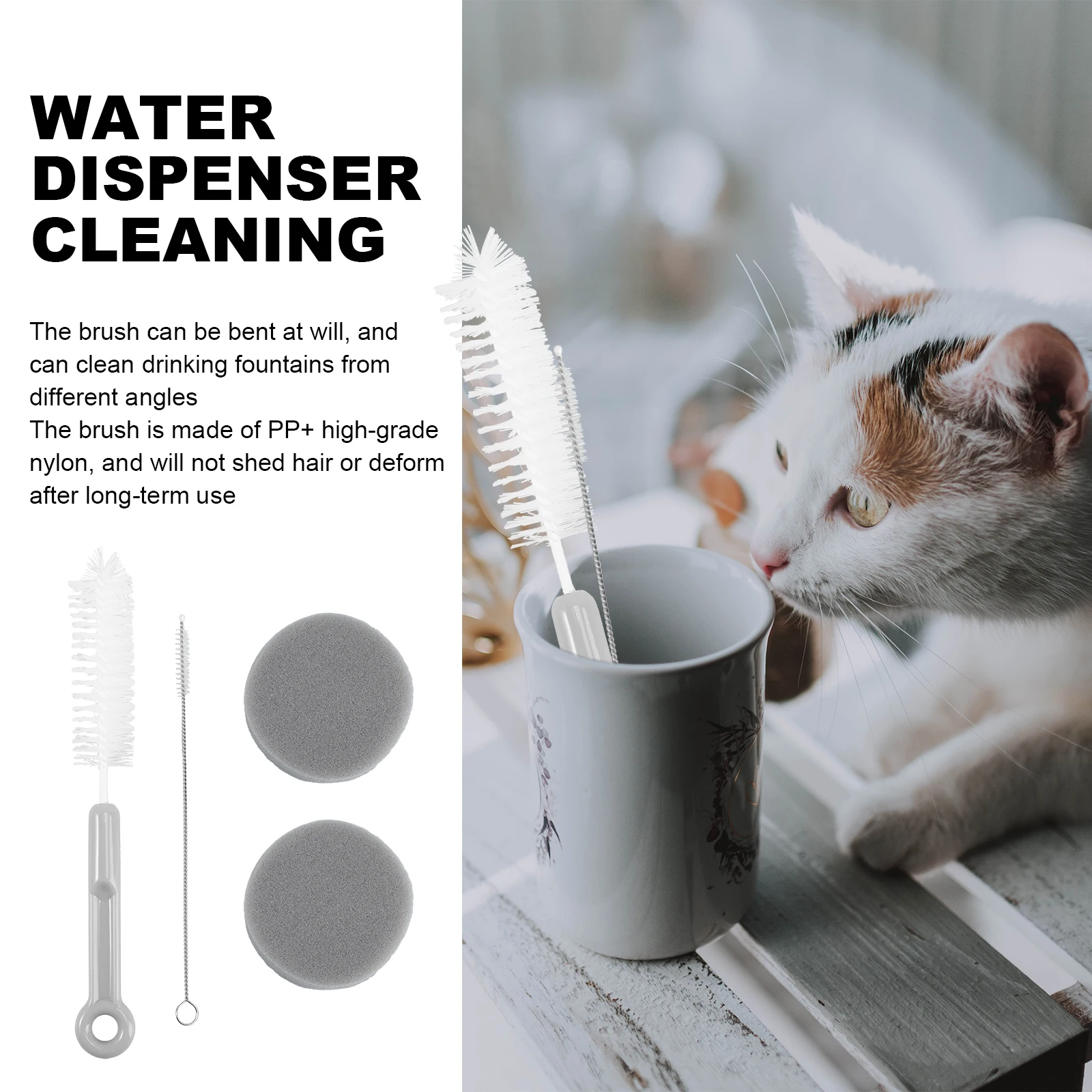 

1Set Pet Feeder Cleaning Brushes Gray Long Handle for Water Fountain Pet Water Bowl Cleaner Sponge Supplies Clean