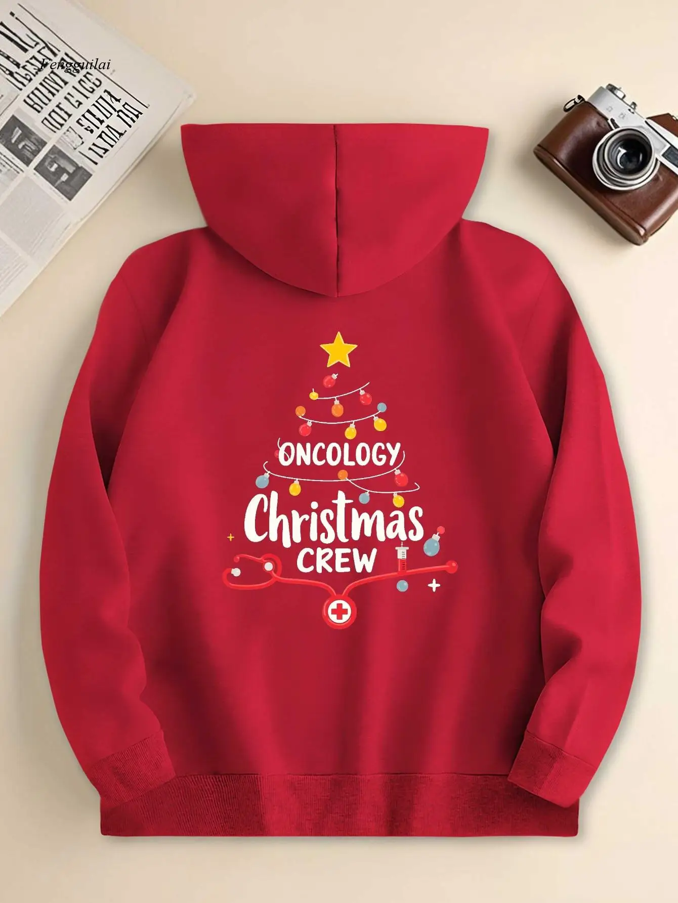 Moletom com capuz Oncology Christmas Crew Awareness – Fita verde e estampa de símbolos, moletom com capuz de ajuste relaxado com bolsos