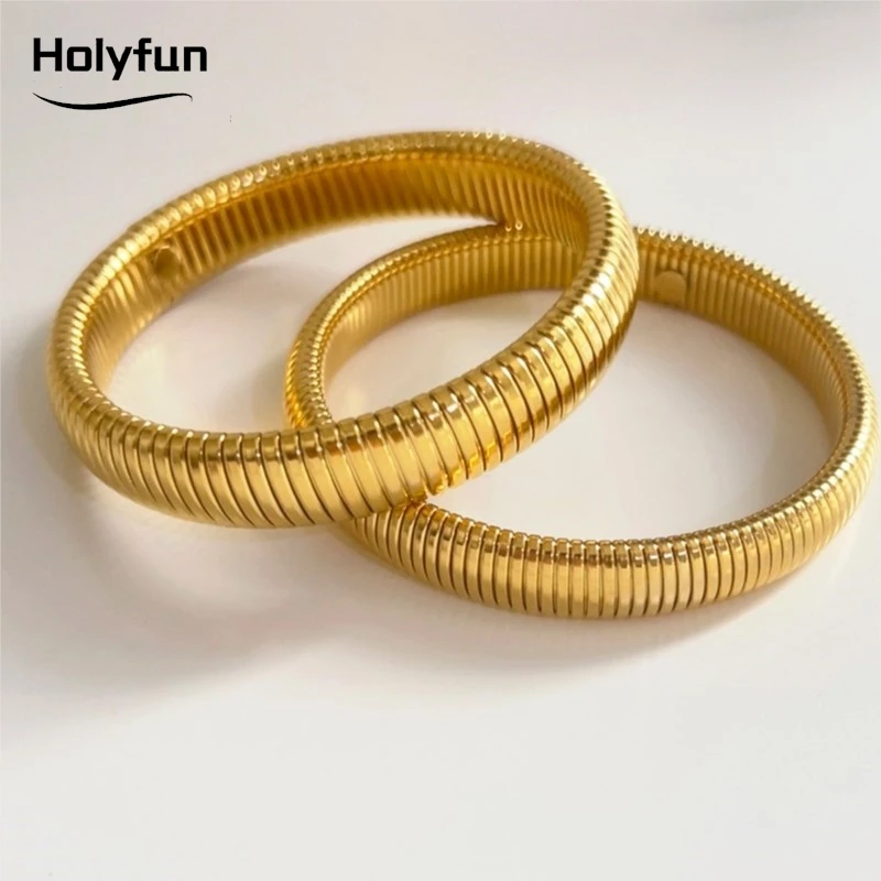 Waterproof Stainless Steel Retro Elasticity Thick Metal Polish Bracelet 18K Gold Plated Trend Fashion Unisex Jewelry Men Women