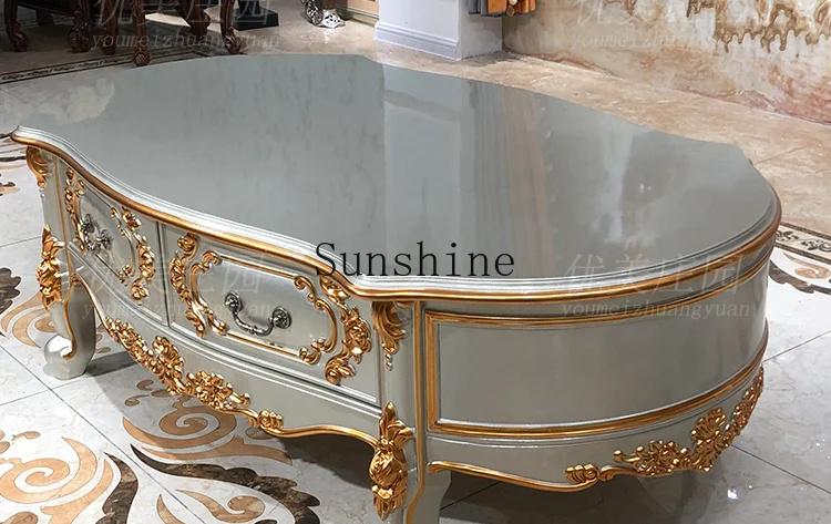 European oval coffee table all solid wood with drawing room villa luxury gold-painted furniture