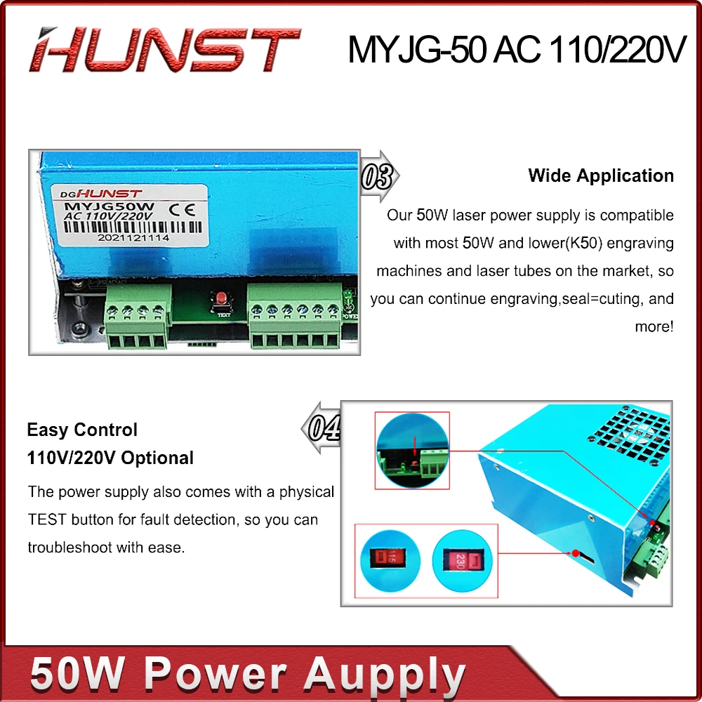 Hunst MYJG 50W CO2 Laser Power Supply 110V/220V Laser Generator For 40~60w CO2 Engraving Cutting Machine Glass Tube