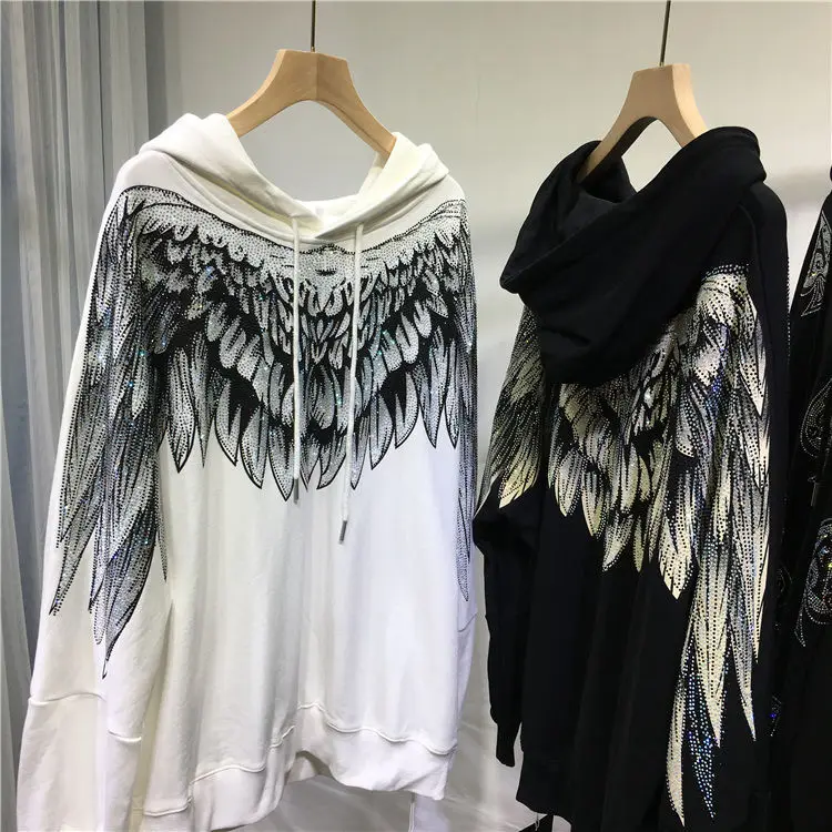 plus Size Hoodie Women's Thin Winged Sweater Heavy Embroidery Drill Front And Back Large Wings Slimming Effect Fashion Trend