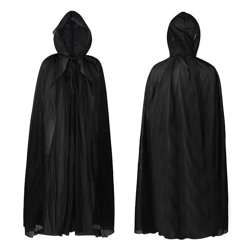 

120-140cm Unisex Hooded Robe Cloak Black Long Cape for Halloween Party Decor Witch Costume Cosplay Dress Up Cloth Props Supplies