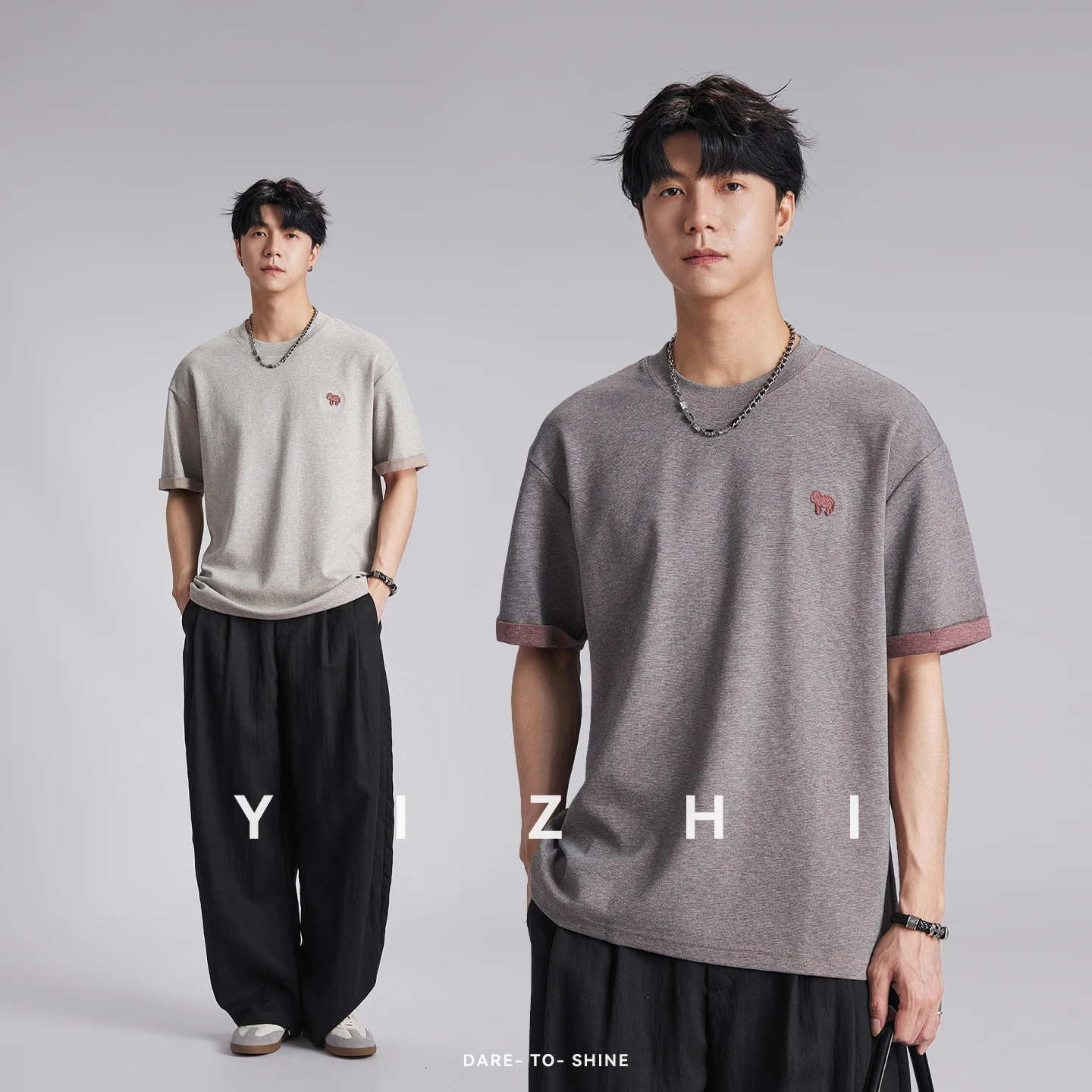 

Men Mini Logo Embroidery Color Contrast T-shirt 2026 Summer Crew Neck Loose Soft Breathable Casual Short Sleeve Tops