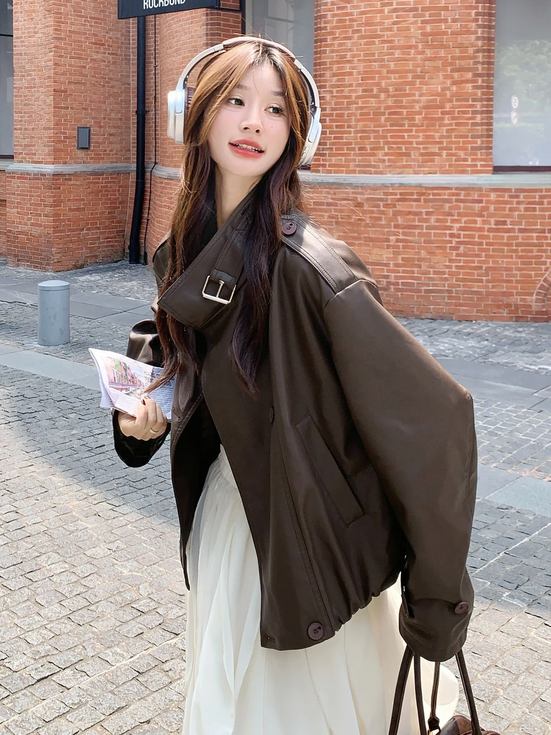 Cé Brown Workwear Protein Leather Jaet Women's ort Sle Spring Autumn High Faion Cool Biker Coat Zipper Closure Long...