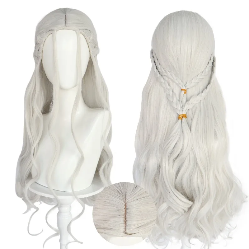 Women Dragon Mother Cosplay Wig Daenerys Silver Long Curly Wig Halloween Party Anime Costume Synthetic Wigs