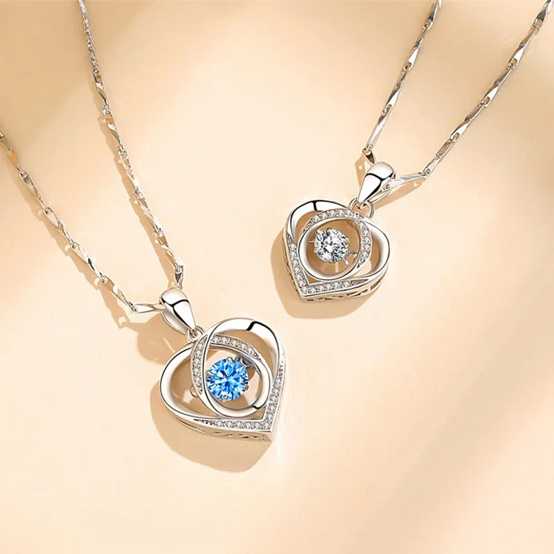 925 Sterling Silver Heart Shaped Necklace Bracelet Set For Women Retro Korean Blue Crystal Jewelry Set Original Party Jewelry