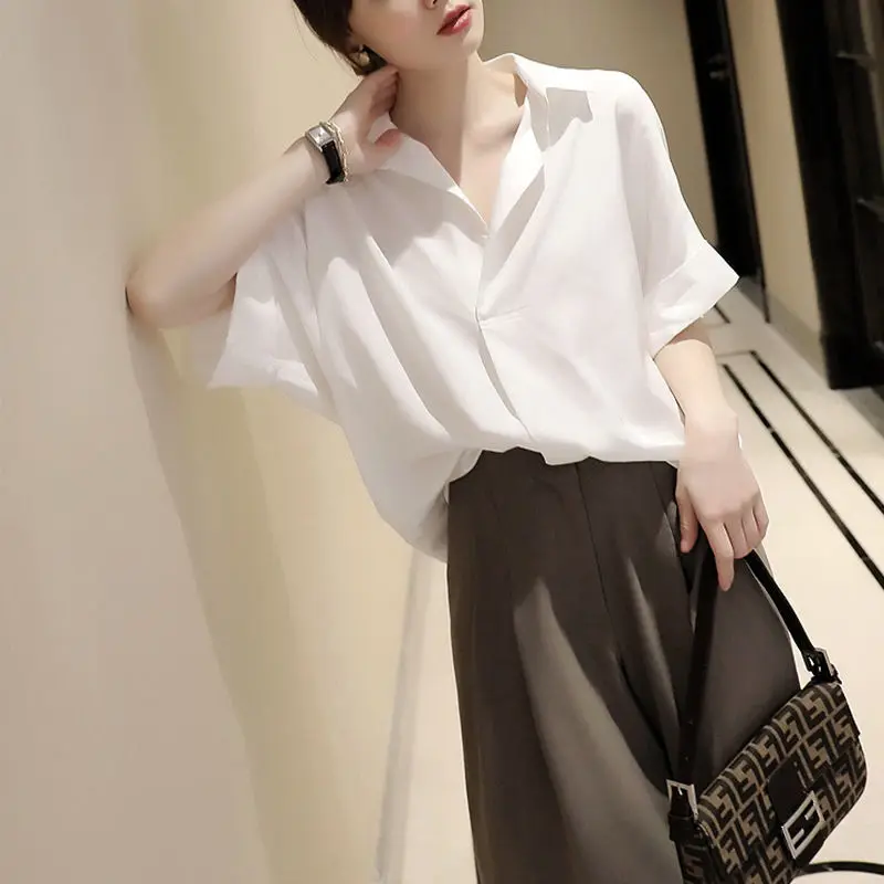 2023 Women\'s Clothing Thin Blouses Shoulder Drop Loose Turn-down Collar Solid Color Button Simplicity Office Lady Casual Elegant