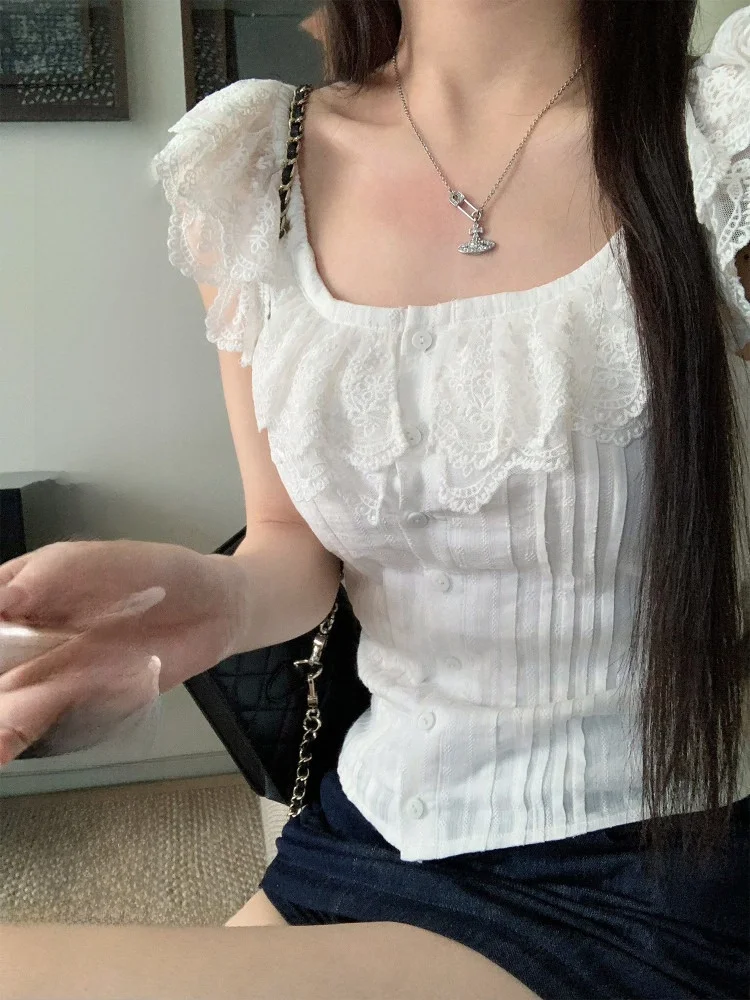 

Женская летняя блузка Yuzuqi Anonymous White Moonlight с кружевной отделкой, короткий рукав, размер S, из других материалов HB2025504