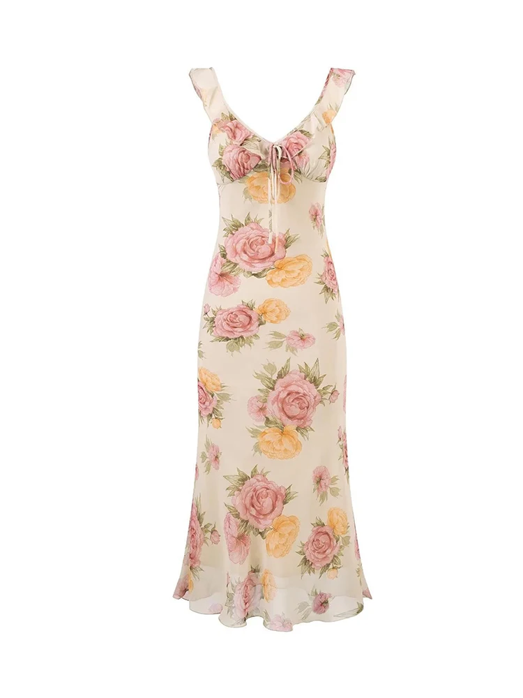 

Летнее платье миди с v-образным вырезом и оборками и цветочным принтом, женские тонкие шифоновые платья с открытой спиной