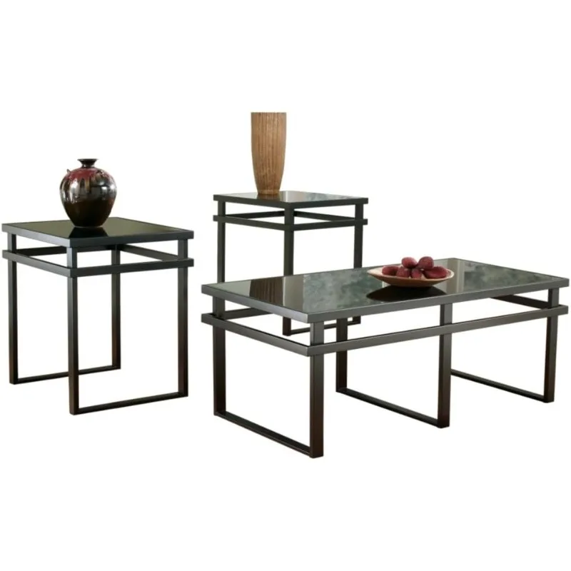 Laney Contemporary 3-Piece Table Set, Includes Coffee Table and 2 End Tables, Black Glass