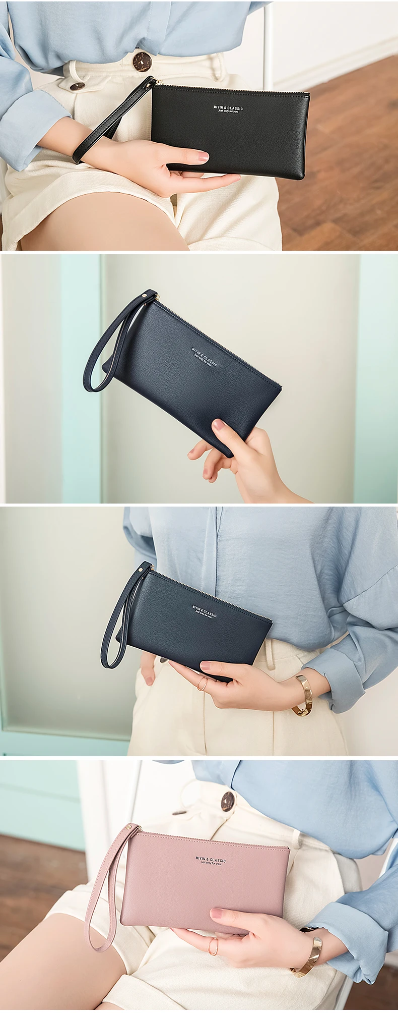 Neue minimalistische Geldbörse mit Reißverschluss, hochwertige PU-Leder Kreditkarten- und Handy-Aufbewahrungstasche, ultradünne Damen-Langbörse, Handtasche – Detail 5