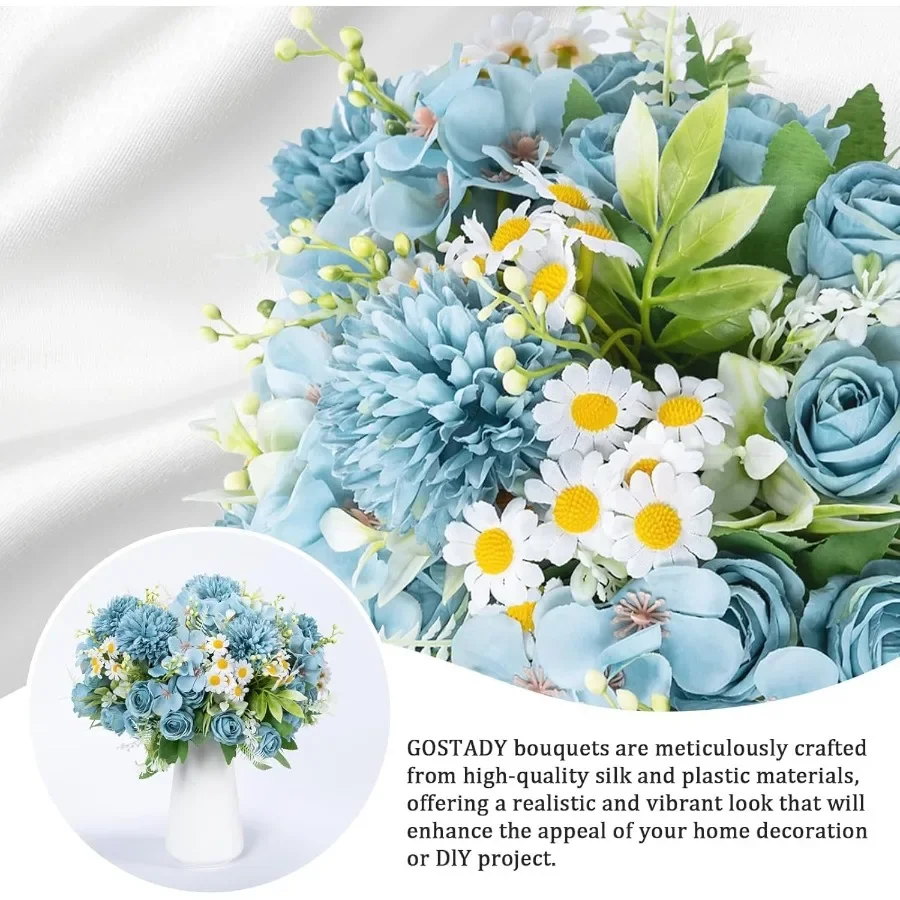12 حزمة من الزهور الاصطناعية زهرة الورد المزيفة الزرقاء ترتيبات زهور الكوبية المختلطة لطاولة الزفاف ذاتية الصنع