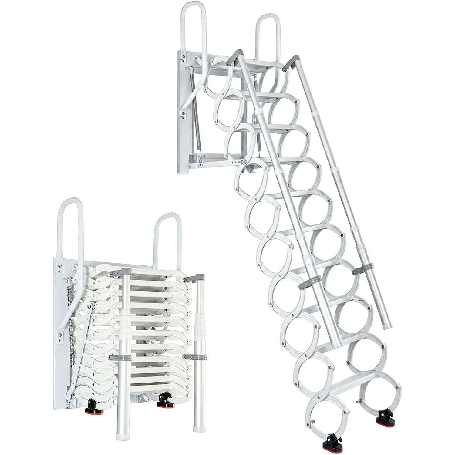 Wall Mounted Attic Ladder, 10-Step Folding Loft Stairs with Dual Handrails, 660 lbs Heavy Duty Pull Down Attic Stairs, Space Saving Retractable Ladder for Garage, Warehouse, Basement, White