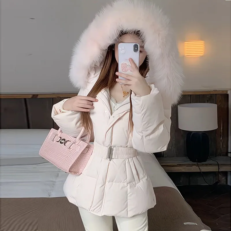 Winter Women's Faux Fur Collar Hooded Parkas Fashion Belt Thick Padded Cotton Jacket Women Slim Fit Solid Zipper Puffer Jackets 2