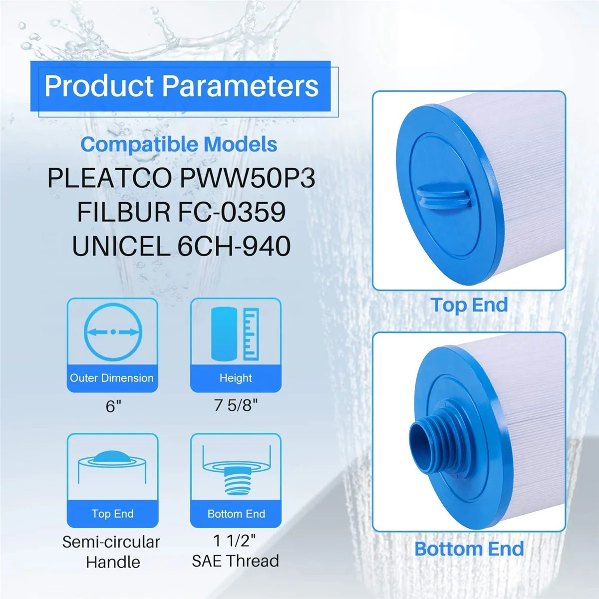 Replacement for Spa Filter PWW50P3(1 1/2Inch Coarse Thread), 6CH-940, FC-0359, Waterway Front Access Skimmer