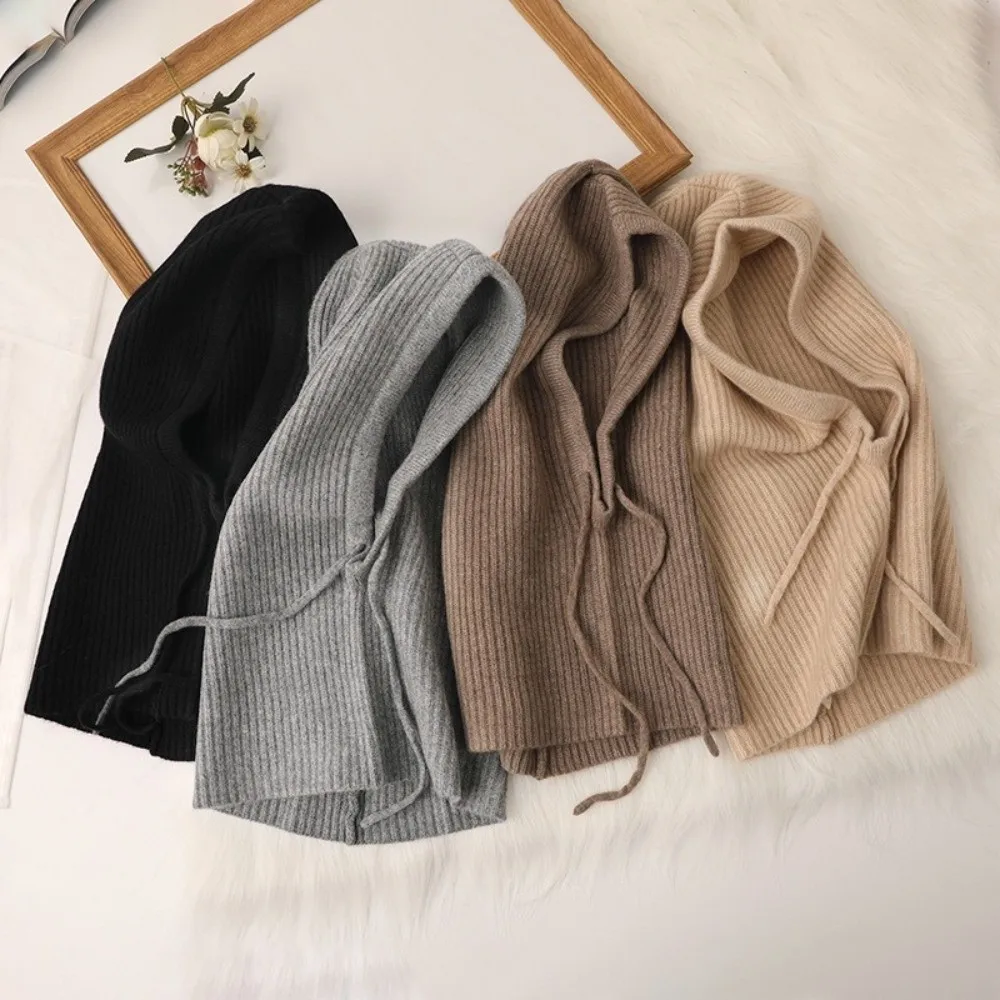Thick Winter Knitted Hooded Caps Warm Insulation Elastic Balaclava Hat Drawstring Adjustable Breathable One-piece Neck Collar