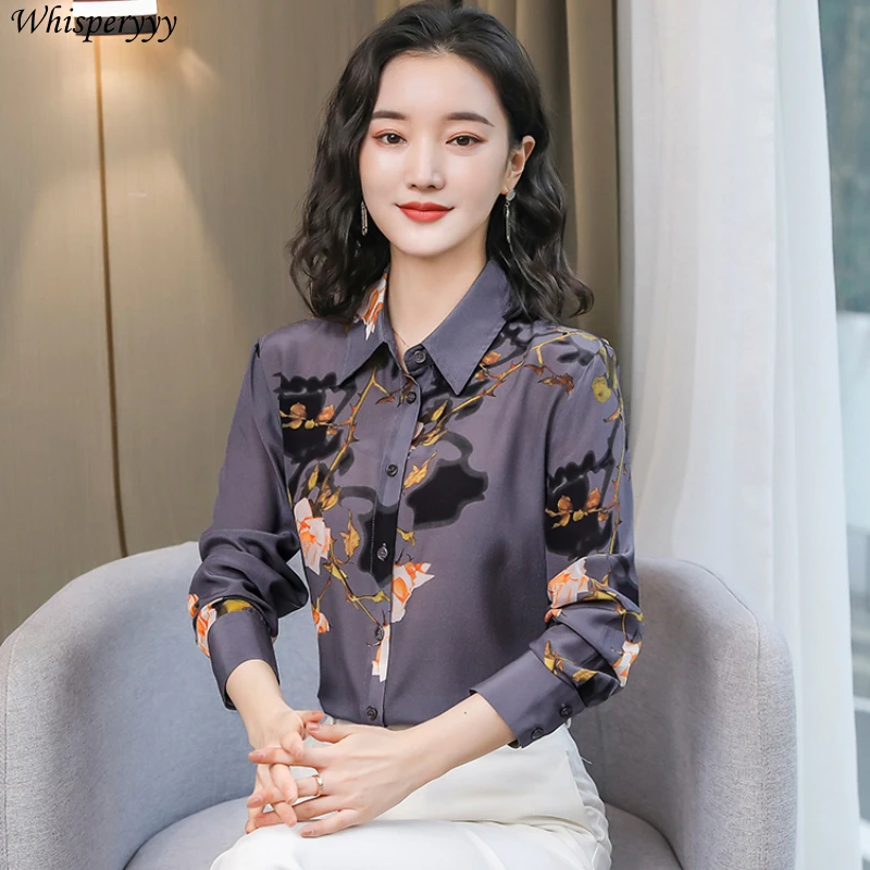 موضة قميص مطبوع المرأة ربيع الخريف واحدة الصدر طويلة الأكمام بلايز أنثى عادية Blusas Mujer بدوره إلى أسفل طوق قميص