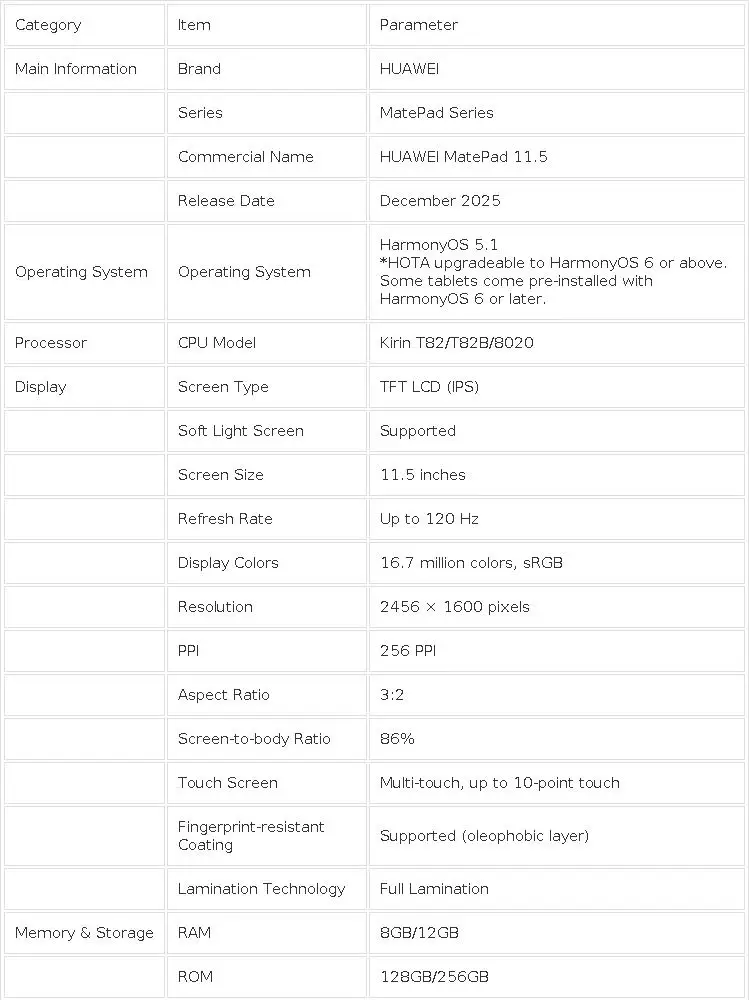 HUAWEI MatePad 11.5 2026 Tablet WiFi/LTE 11.5-inch 120Hz CPU KirinT82/T82B/8020 8GB/12GB 128GB/256GB HarmonyOS 5.1 10100mAh