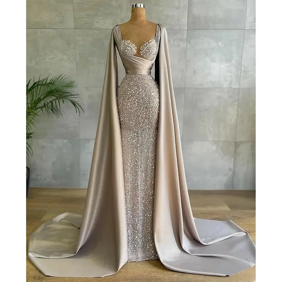 Arabic Dubai Evening Dresses Long Luxury Glitter Sequins Sweetheart With Cape Celebrity Dress Women Formal Prom Party Gown