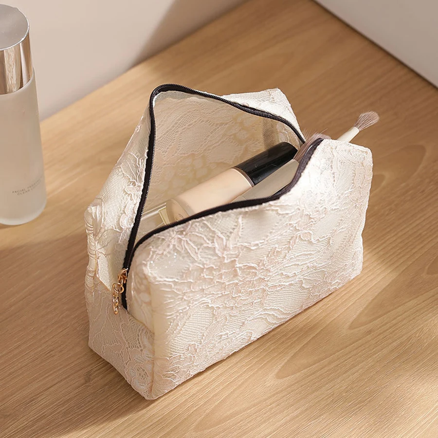 Lace Mesh Women's Makeup Bag Large Capacity Cosmetic and Jewelry Organizer Bag Zipper Square Portable Toiletry Bag