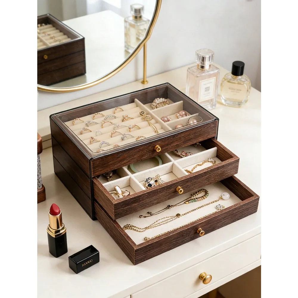 1pc 3-Tier Vintage Walnut Wood Jewelry Box, Drawer Style Jewelry Organizer Box For Rings, Earrings, Necklaces, Bracelets, Elegan