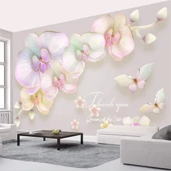 Papel tapiz fresco personalizado, mural de orquídeas de mariposa en relieve 3D, pared de fondo de TV de estilo europeo minimalista, decoración de sala de estar