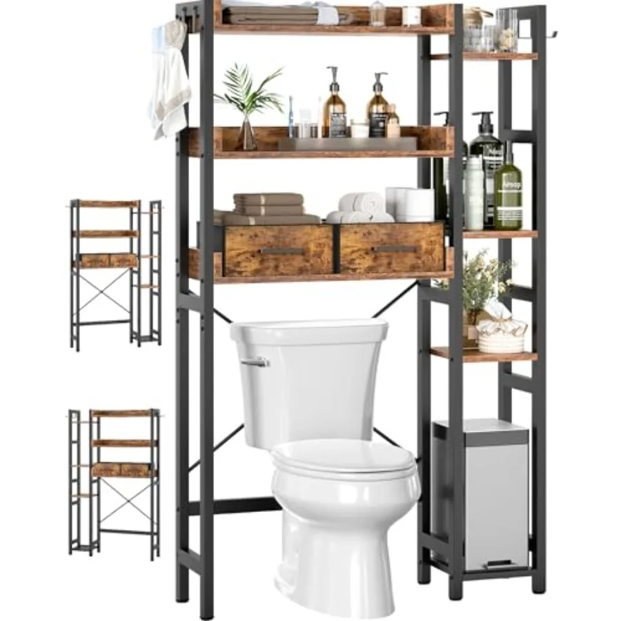 Over The Toilet Storage for Bathroom, Rustic Brown Metal and Wood Organizer with 7 Tiers, Reversible Side Shelf 2 Fabric Drawer