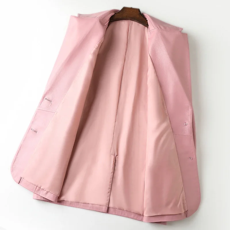 Imagem -03 - Blazer de Couro de Cordeiro Verdadeiro Feminino Jaquetas Rosa de Peito Único Cabolsas Casuais para Senhoras Estilo Grande Nova Moda 2023