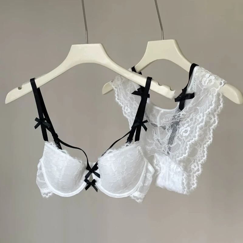 Womens Cute Bow French Sheer Lace Bra Wirefree Pure Coquette Style Small Bust Plumping Lift Anti Sag Light Sexy Teen Girl MOYISU