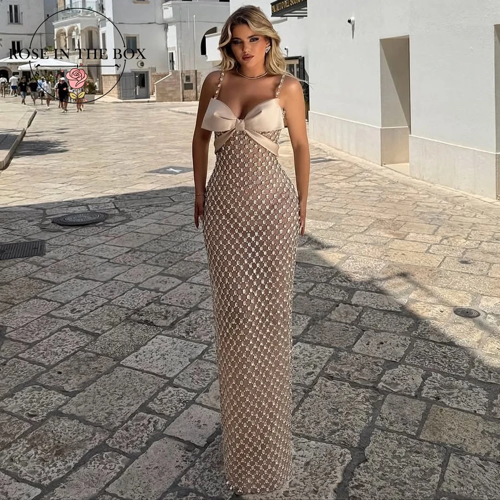 

ROSEINTHEBOX Индивидуальные бежевые кристаллы Вечерние платья русалки на тонких бретельках с бантом Роскошные элегантные вечерние платья Вечернее платье