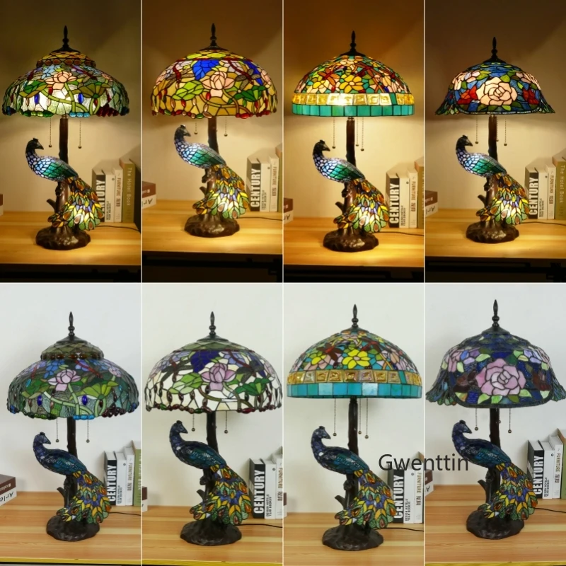 Stain Glass Tiffany Table Lamp Peacock Art Flower Decor for Living Room Bedside Desk Light Standing Lighting Fixtures Luminaria