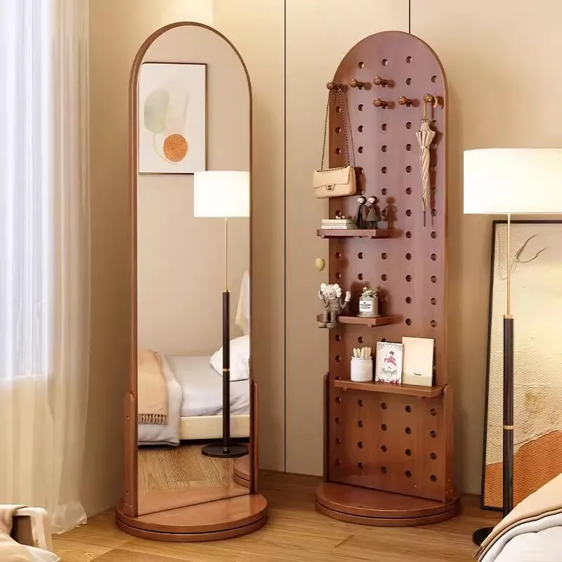 

Solid wood full-length mirror full-length mirror floor household bedroom rotatable hole board rack movable fitting