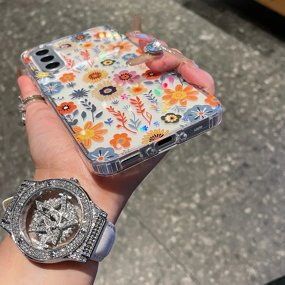 เคสกันกระแทกแบบใสลายดอกไม้เคลือบหรูหราสำหรับ Samsung A53 A54 A55 5G เคสโทรศัพท์ลายพิมพ์สีสันสดใส