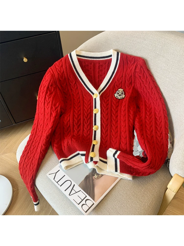 Autumn Winter Women Preppy Style Cardigan Sweater Old Money V-Neck Knitwear Embroidery French Vintage 2000s Aesthetic Thick Cute