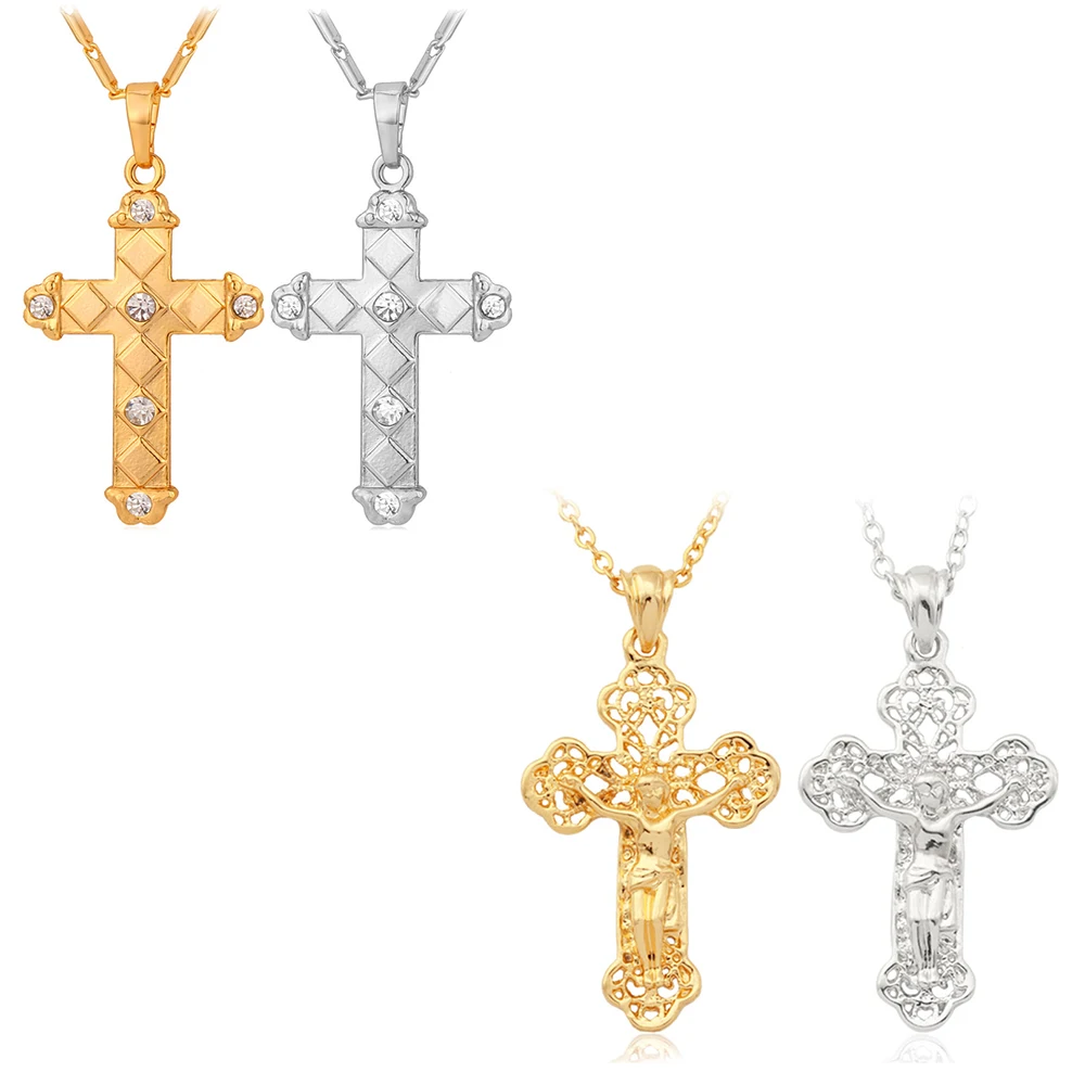 U7 3D Saint Cross Necklace Vintage Pattern Silver/Gold Color Alloy Pendant Rolo Chain Women/Men Christian Jewelry QC24