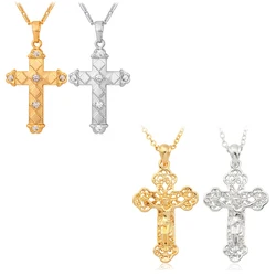 U7 3D Saint Jesus Cross Necklace Vintage Pattern Crystal Silver/Gold Color Alloy Pendant Rolo Chain Christian Jewelry QC24