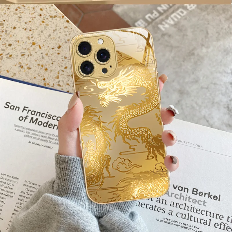 Golden lustrous glass phone case, suitable for iPhone 17, 16, 15, 14 Plus, 13, 12, 11 P and other models.