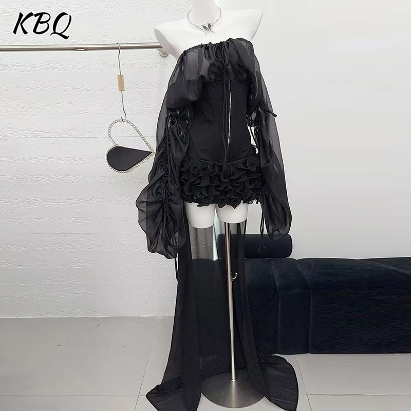 

KBQ Designer Slim Fit Solid Mini Dresses For Women Slash Neck Long Sleeve High Waist Spliced Folds Sexy Dress Female Fashion New