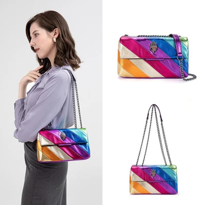 

Women's Patchwork Chain Shoulder Crossbody Bag - Rainbow Eagle Head Design
