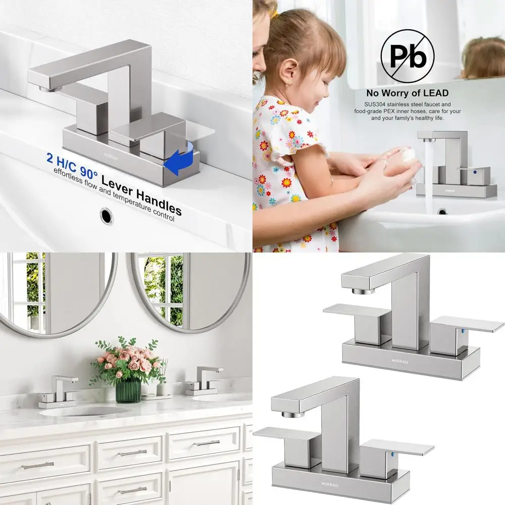 صنبور حوض من النيكل المصقول مقاس 4 بوصات مع خطوط تصريف وإمداد منبثقة، تركيبات زينة من الفولاذ المقاوم للصدأ بمقبضين، عبوتان #1