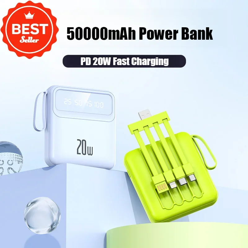 

2026 New Portable Power Bank Comes with 4 Cables 50000mAh Fast Charging External Battery Charger Cases for iPhone Samsung Xiaomi