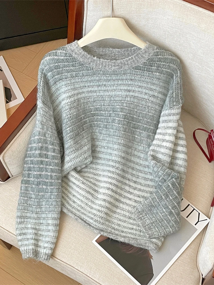 Women Green Pullover Cashmere Sweater Harajuku Korean Y2k Long Sleeves O-Neck Sweaters Jumper Vintage 2000s Clothes Autumn 2024