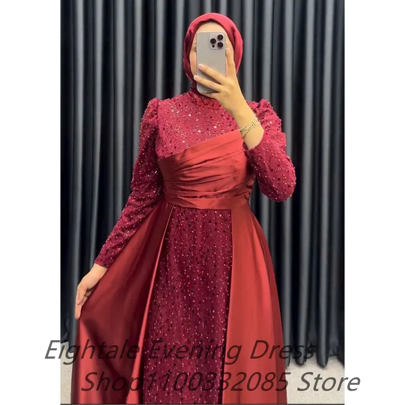 Eightale Burgundy Muslim Long Sleeve Sequin Evening Dress Abiye Scalf High Neck Dubai Prom Dress Formal Party Gown Vestidos