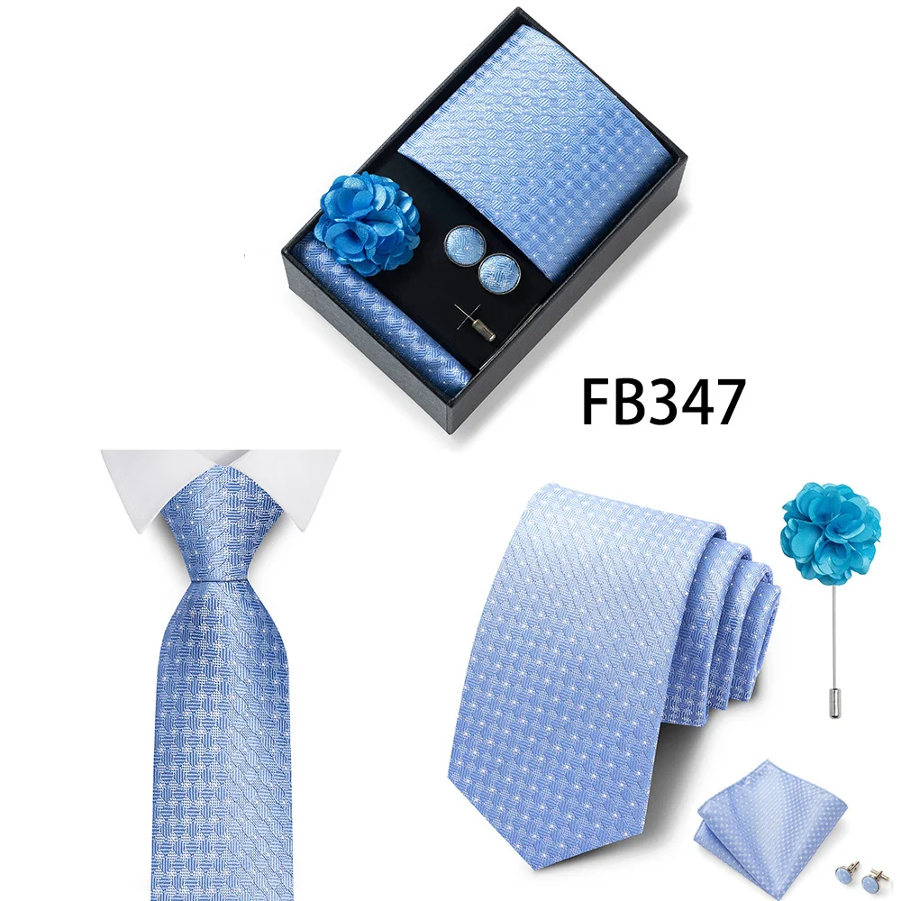 Neues Marken-Mode-Set: 8 cm Krawatte, Einstecktuch, Manschettenknöpfe und Brosche für Herren, Rot-Grau, Hochzeit, Geschenkbox, Passend für Partys – Detail 10