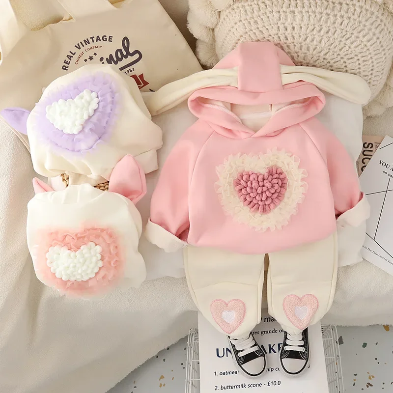 baby girl clothes Girls Sets Cute autumn and winter children's clothing for girls sweet and caring ears, hooded and plush set