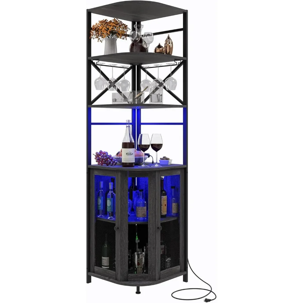 

Wine Bar Cabinet with Power Outlet, 6-Tiers Industrial Wine Cabinet with LED Light and Glass Holder, Corner Bar Cabinet with Adj